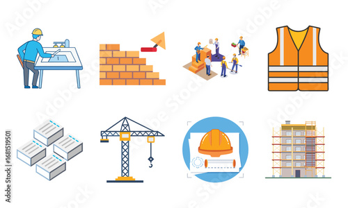 Construction and Building Icons Set – Architecture Tools, Engineering Equipment, Construction Site, Crane, Safety Helmet, Concrete Mixer, Bulldozer, Power Drill, Saw, Hammer, Ruler, Paint Roller, Wood