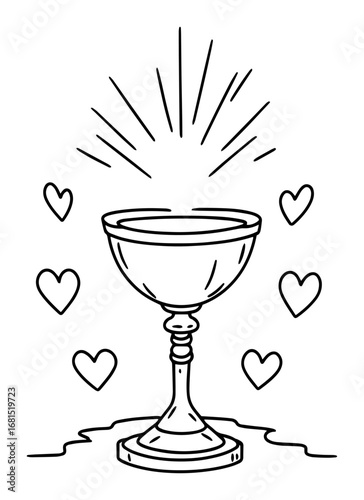 Radiant chalice with hearts – minimalist holy grail cup line icon symbolizing blessing, communion and love
