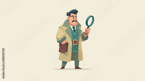 Man in trench coat looking through magnifying glass