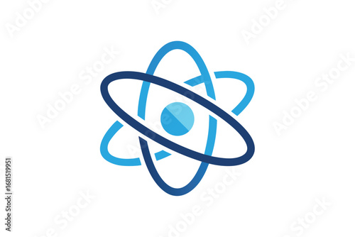 Abstract depiction of an atom with orbiting electrons in blue shades