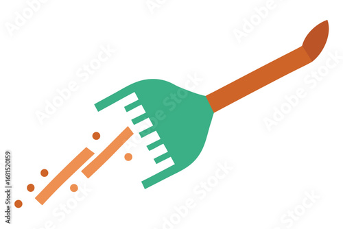 Stylized garden rake illustration ejecting dirt and debris with brown handle