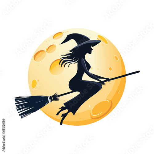 Silhouette witch flying on broomstick against full moon vector