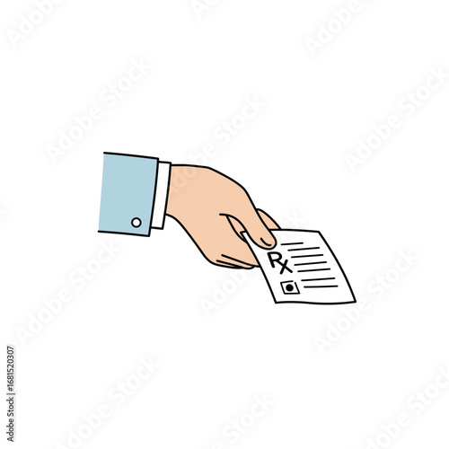Medical Prescription Handover: A close-up illustration depicts a hand extending a medical prescription, symbolized by Rx in black and white, set against an isolated background.