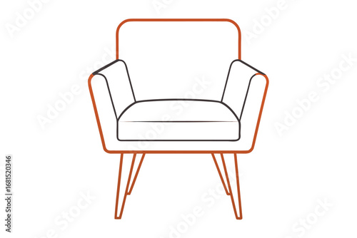 Minimalist outline illustration of a modern armchair with thin orange and black lines