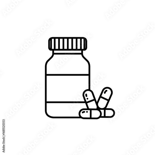 Essential Medications: A minimalist illustration of a prescription bottle and vital capsules, representing essential health remedies and medicine. 