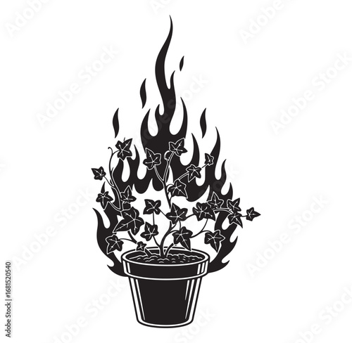 Black and white illustration of a potted ivy plant engulfed in stylized flames