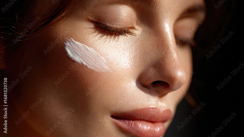 Fototapeta premium Close up of woman with closed eyes, showcasing creamy skincare product applied to her cheek. soft lighting highlights her smooth skin and texture of cream, evoking sense of tranquility and self
