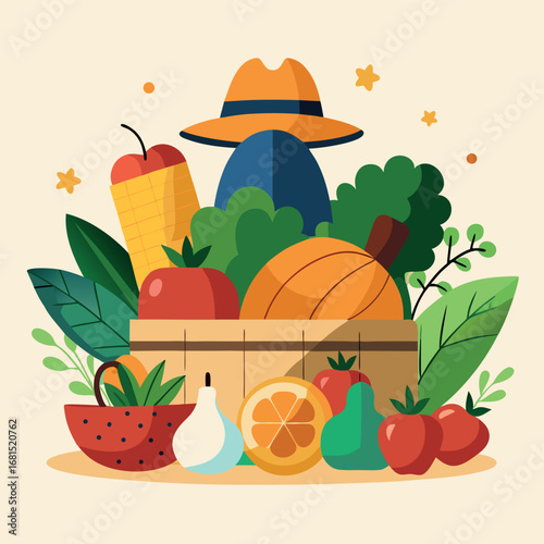 Illustrated farm-to-table concept – basket of fresh fruits and vegetables with farmer’s hat.