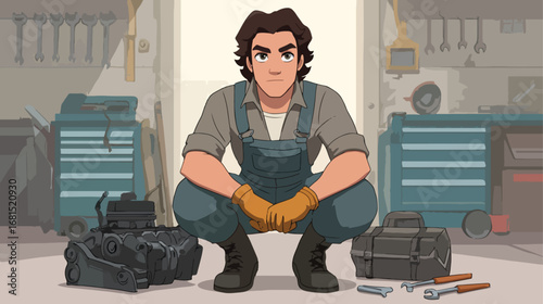 Man working on engine in garage