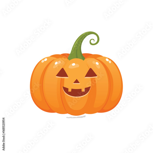 Smiling carved orange pumpkin with green stem halloween jack o lantern