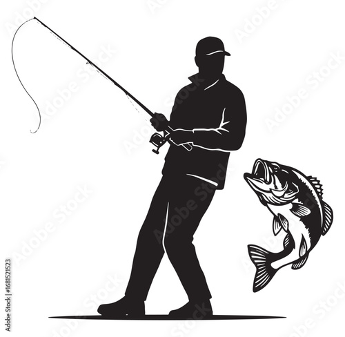 Black and white silhouette of a fisherman catching a large bass fish vector illustration