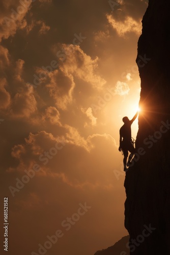 Silhouette of a Rock Climber Reaching for the Sun on a Cliff Face at Sunset; Dramatic Backlit Shot of Adventure