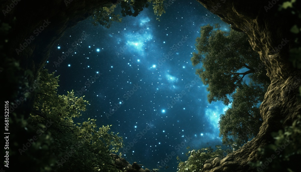 Obraz premium Panoramic Vista Of The Forest And Night Sky Through A Natural Frame?> View Through Forest'S Window Into Starlit Night Sky - A Majestic Display Of Nature'S Beauty