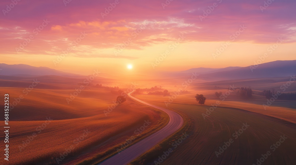 Fototapeta premium Sunrise over winding road in a golden field, aerial view, beautiful landscape