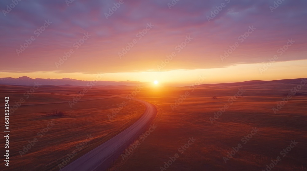 Fototapeta premium Aerial view of winding road at sunrise over a vast landscape. Possible use stock photo
