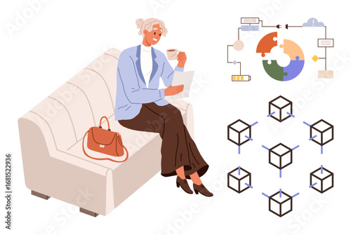 Woman on sofa analyzing documents, surrounded by modular cubes and colorful flowchart. Ideal for process management, blockchain, productivity, strategic thinking, workflow, innovation, efficiency