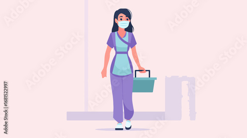 Person in uniform carrying cleaning supplies
