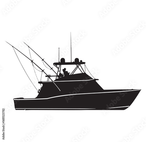 Black silhouette of a modern sport fishing boat with fishing rods isolated on white