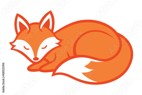Stylized orange fox curled up and sleeping on a white background