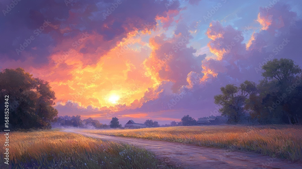 Fototapeta premium Rural sunset over golden field. Possible stock photo use