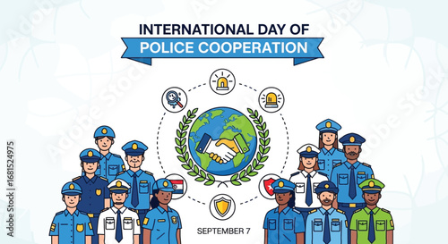 International day of police cooperation with officers around a globe with handshake and symbols