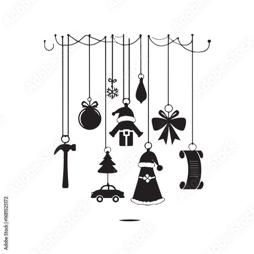 Vector art of assortment of black and white hanging christmas ornaments featuring various festive shapes like a snowman, christmas tree, and bow