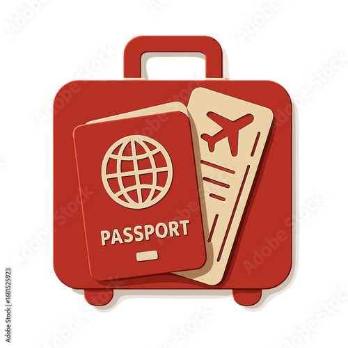 Travel essentials: passport and ticket with modern suitcase design