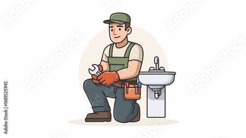 Plumber in kneeling position with wrench