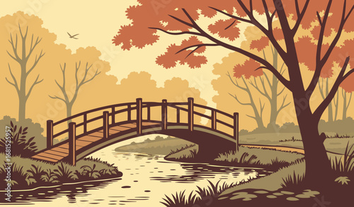 A wooden bridge over a calm river surrounded by autumn trees, golden hour lighting, serene and peaceful image."