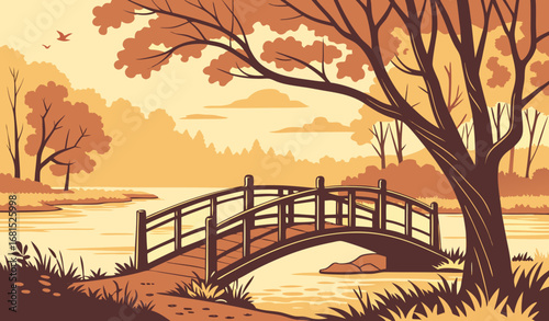 A wooden bridge over a calm river surrounded by autumn trees, golden hour lighting, serene and peaceful image."