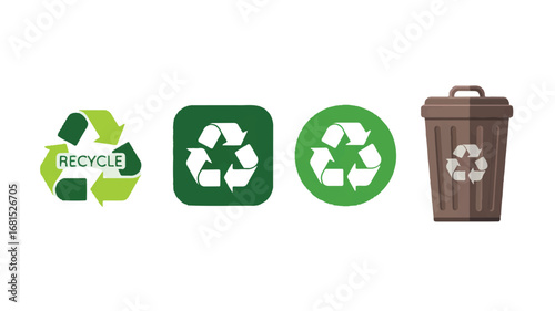 A set of four recycling and waste management icons arranged horizontally against a transparent background.