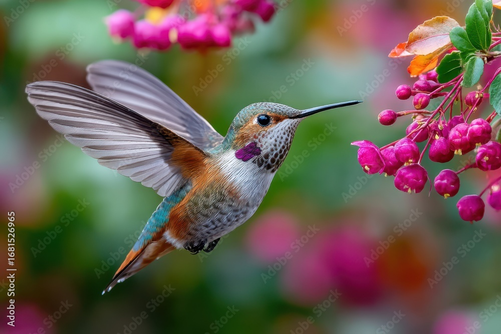 Fototapeta premium Hummingbird hovers near pink flowers with blurred background