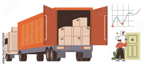 Freight truck with open cargo doors loaded with packages, growth charts, and recipient handling notifications. Ideal for logistics, delivery, shipping, supply chain, tracking, analytics