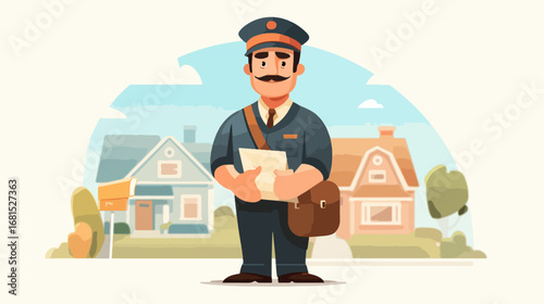 Postal worker delivering mail in front of homes