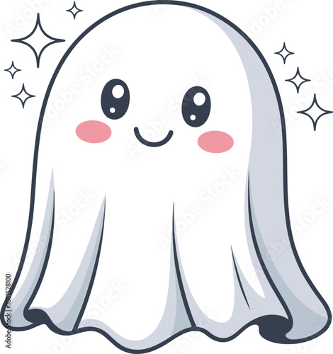 Adorable kawaii ghost cartoon character, happy expression, cute Halloween design, spooky fun illustration, minimal ghost art for kids, vector