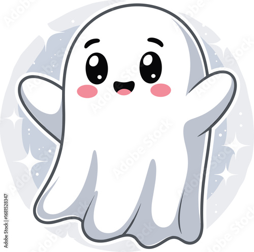 Adorable kawaii ghost cartoon character, happy expression, cute Halloween design, spooky fun illustration, minimal ghost art for kids, vector