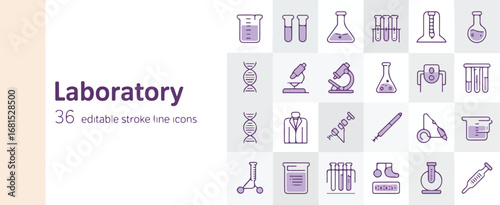 A set of laboratory and scientific line icons arranged in a grid format.
