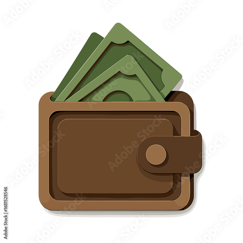 Brown wallet with money in a modern paper cut style