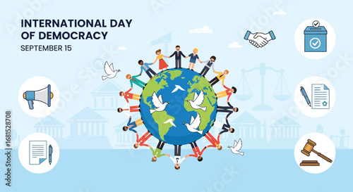 International day of democracy celebration with people around the world and democratic symbols