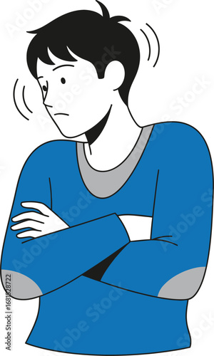 Annoyed cartoon boy with arms crossed ignoring the noise discomfort or pain feeling isolated vector