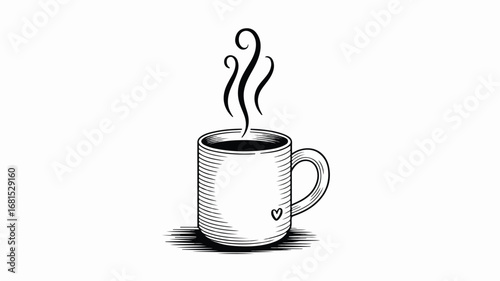 A simple black and white line drawing of a steaming coffee mug.