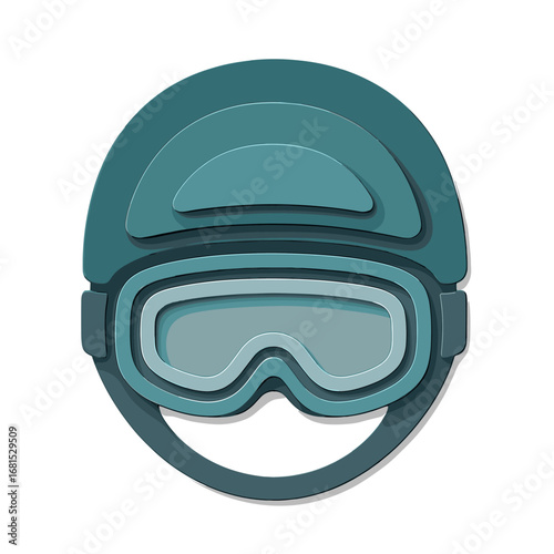 Layered blue winter sports helmet and goggles on gradient background
