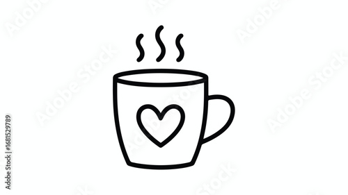 A simple black and white line drawing of a steaming coffee mug.