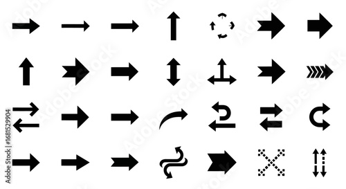 Dynamic collection of diverse black arrow icons guiding direction, progress, and navigation on a clean white background