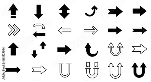 Essential arrow icons collection for clear direction and progress, featuring diverse styles for modern design needs and intuitive guidance