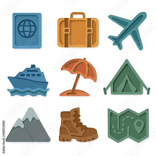 Travel icons set featuring luggage, airplane, cruise ship, and camping gear in modern style