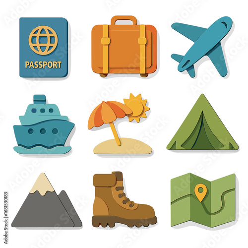 Travel icon set: passport, luggage, airplane, ship, beach, tent, mountain, boot, map
