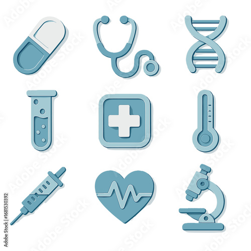 Medical icons set in 3d style featuring cross, microscope, and heartbeat symbols