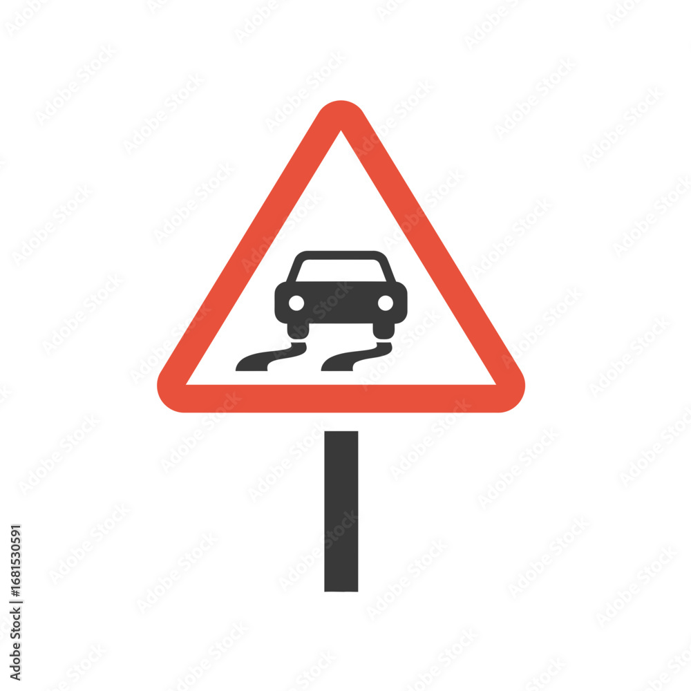 Naklejka premium Slippery Road Warning Sign: A red triangular warning sign with a black car symbol conveys a message of caution about a hazardous, slippery road ahead.