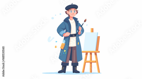 Smiling artist with easel and paintbrush